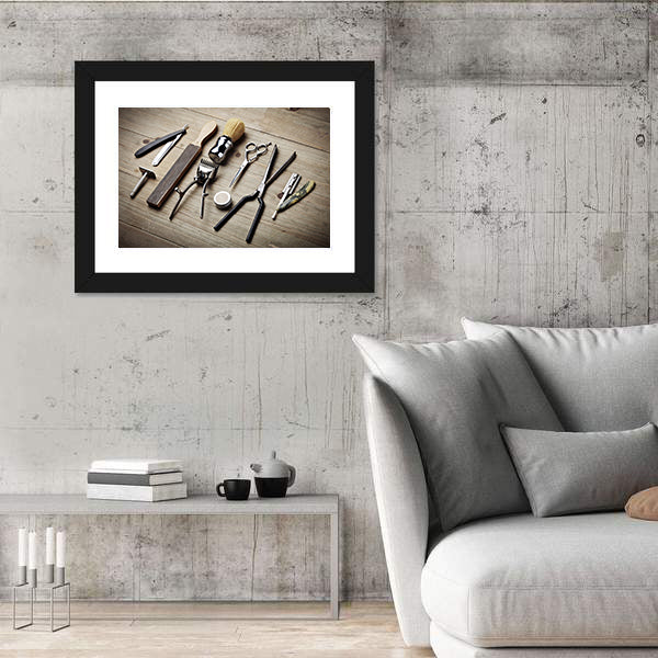 Vintage Barber Tools Flat Lay Canvas Wall Art