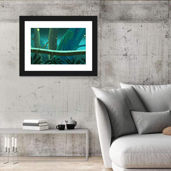 Mossy Tree Trunk with Glowing Fireflies Canvas Wall Art