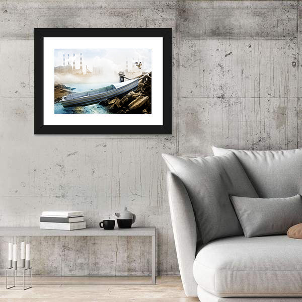 Weathered Boat at Industrial Shoreline Canvas Wall Art