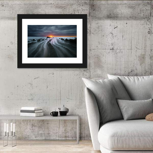 Flysch Rocks In Barrika Beach At The Sunset Canvas Wall Art