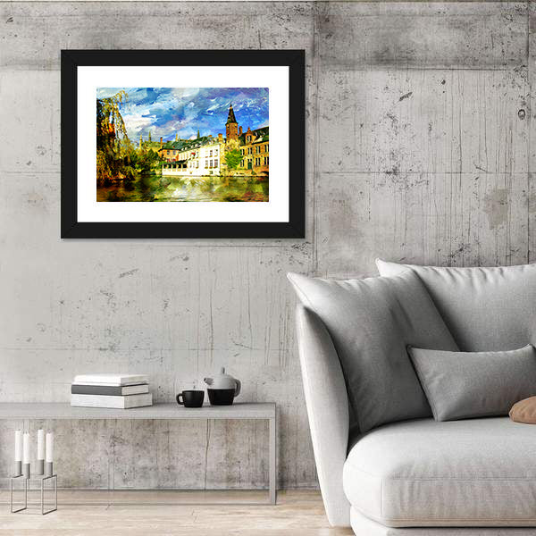 Belgian Canal in a Small Town Canvas Wall Art