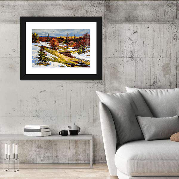 Snowy Stream at Sunset Canvas Wall Art