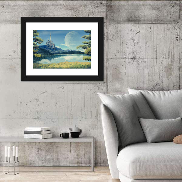 Gothic Castle by Moonlit Lake Canvas Wall Art