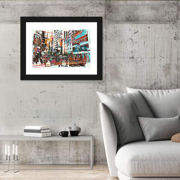 Energetic Abstract Cityscape in Cyan and Red Canvas Wall Art