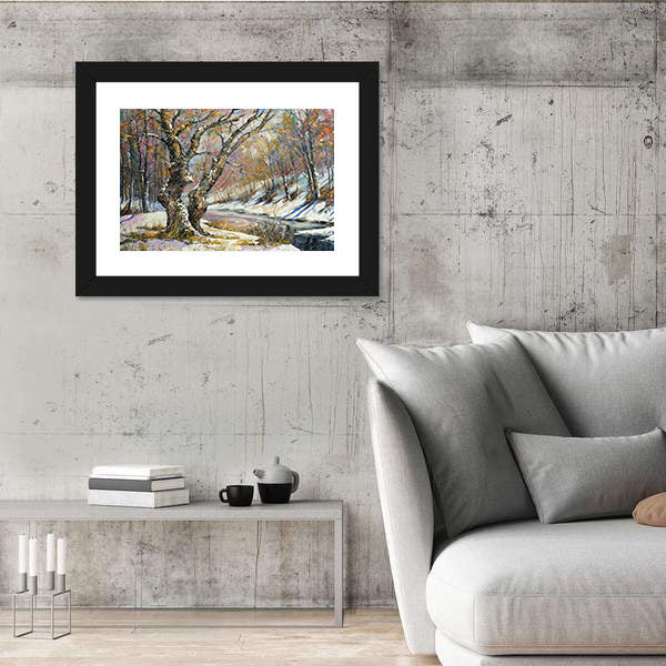 Winter River in Snowy Wood Canvas Wall Art