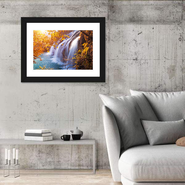 Autumn Waterfall with Sunlit Foliage Canvas Wall Art