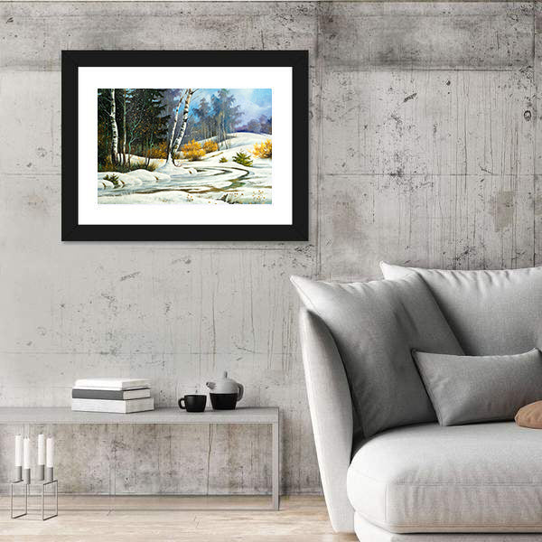 Winter Birch Forest with Frozen Stream Canvas Wall Art