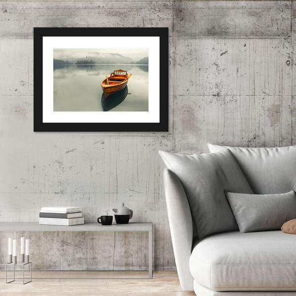 Rowboat on Foggy Lake with Island Church Canvas Wall Art