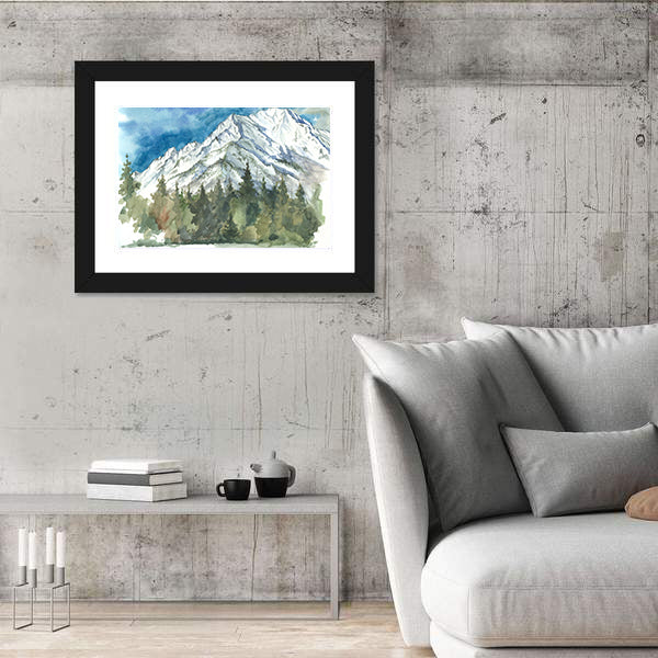 Watercolor Snow-capped Mountain and Forest Canvas Wall Art
