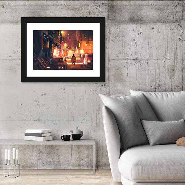 Rain-soaked Old Street in Futuristic City Canvas Wall Art