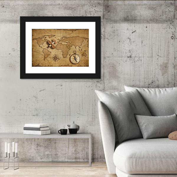 Small Wood Airplane Over World Nautical Map Canvas Wall Art