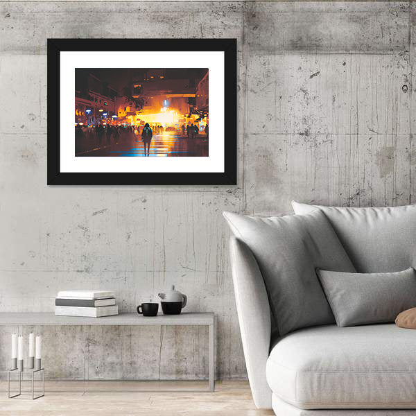 Lone Hooded Figure in Neon City Canvas Wall Art