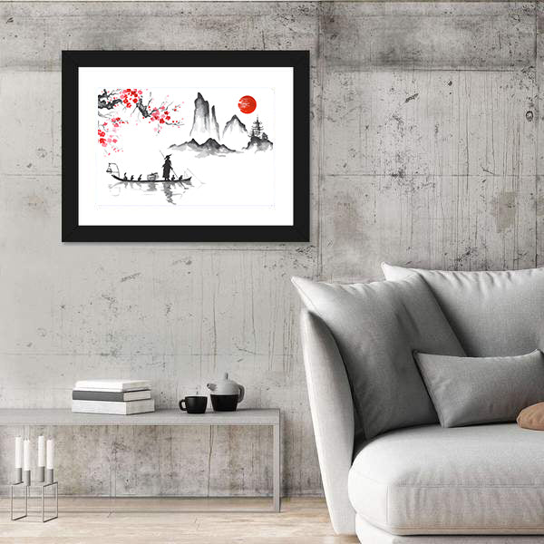 Japanese Ink Wash Fisherman at Sunrise Canvas Wall Art