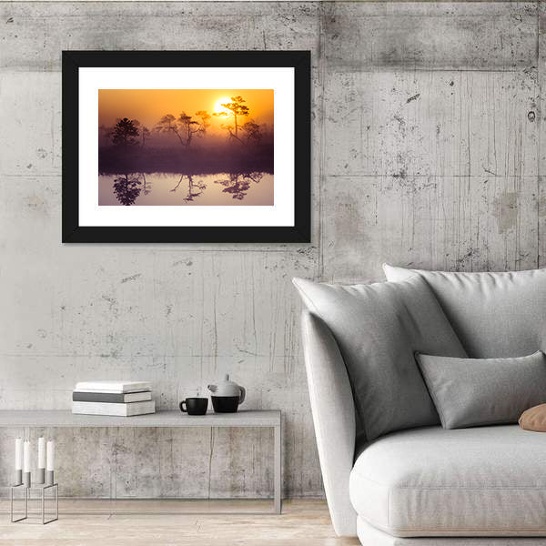 Sunrise Over Misty Lake Canvas Wall Art