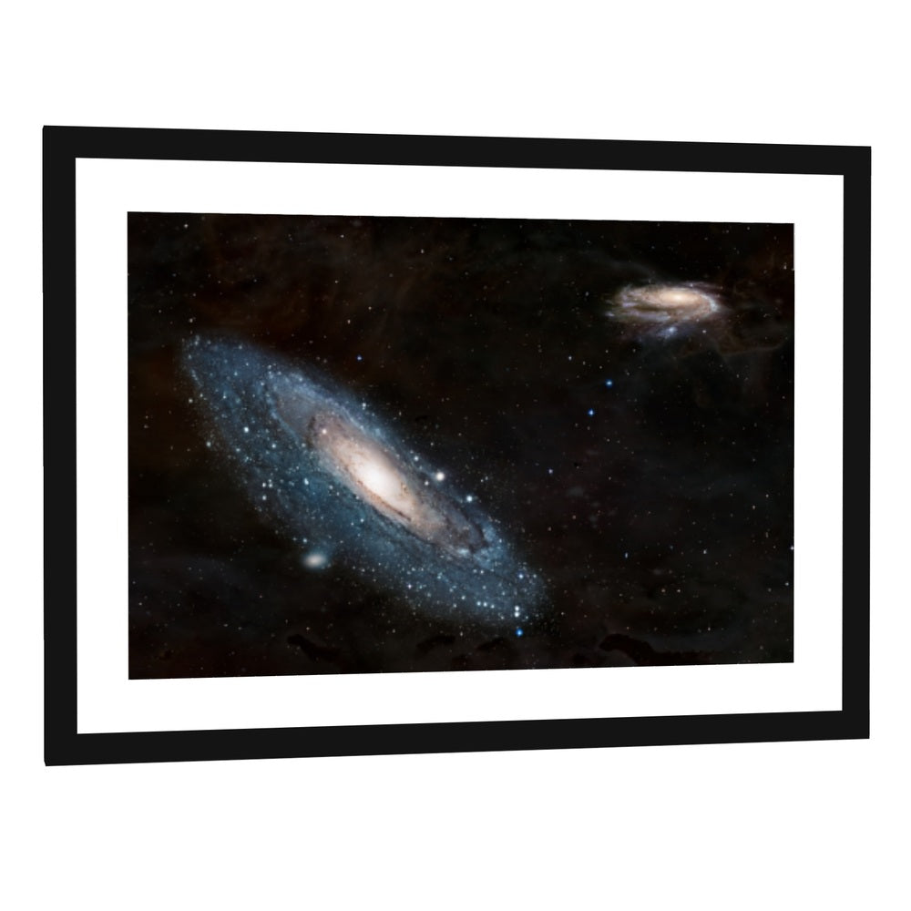 Andromeda Galaxy and Milky Way Canvas Wall Art - single panel framed print with white mat in a black frame