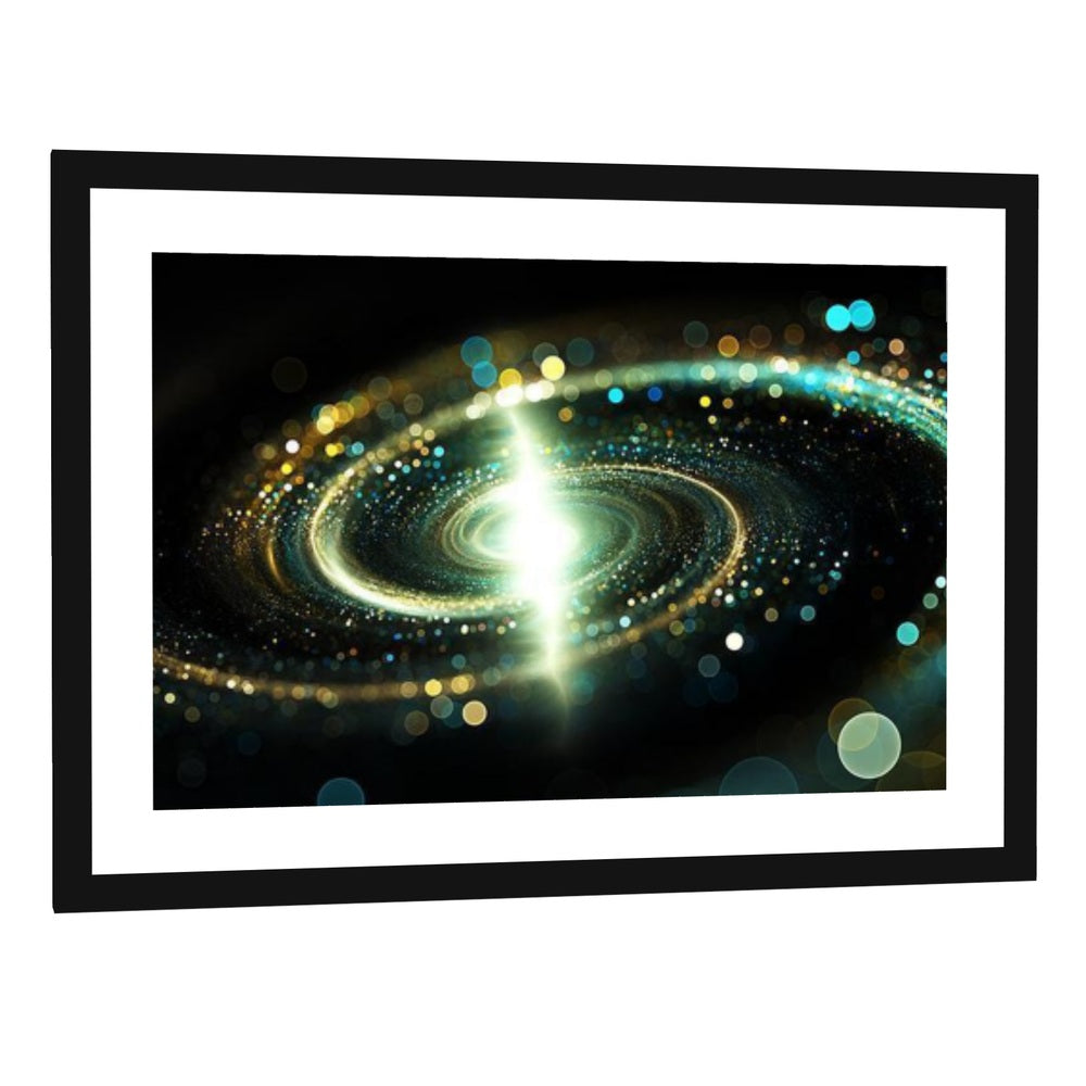 Spiral Galaxy Representation Via Lights Canvas Wall Art - single panel framed print with white mat in a black frame