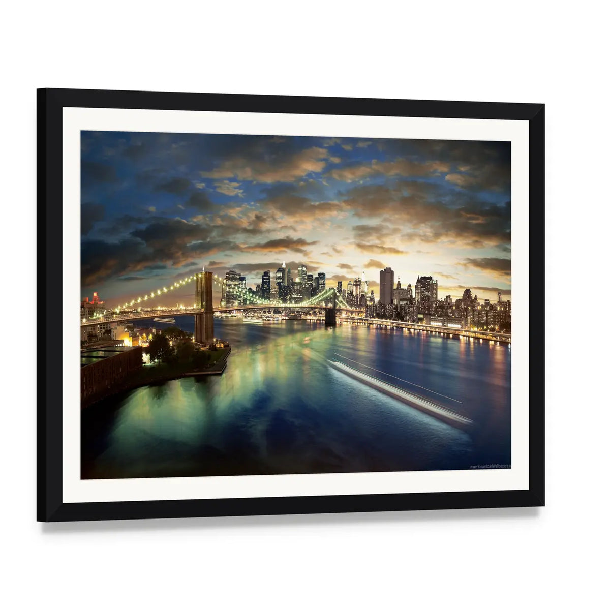 Clouds Over Brooklyn Bridge Canvas Wall Art, framed print with white mat and black frame, angled product view