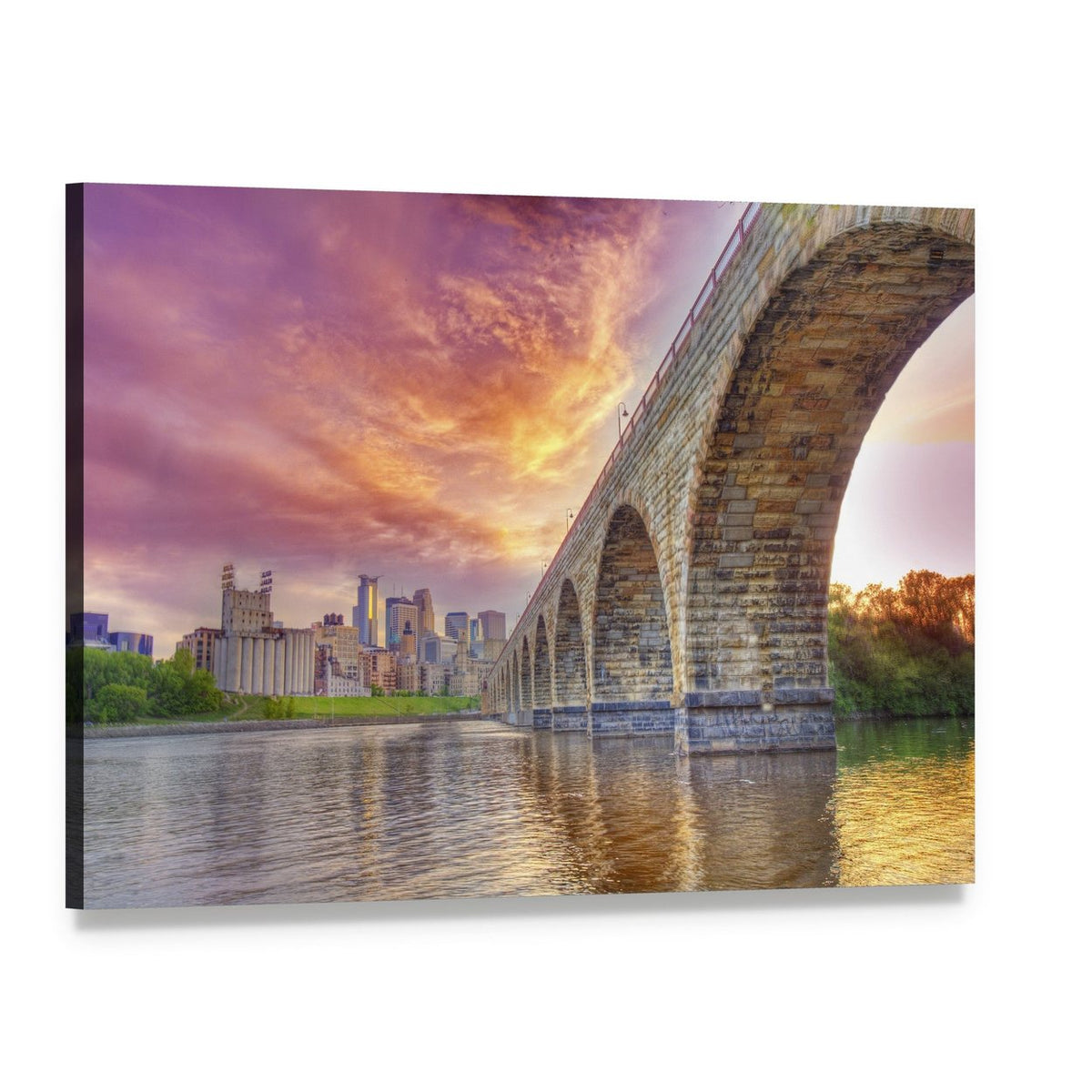 Minneapolis Arch Bridge at Sunset Canvas Wall Art, single panel gallery wrapped canvas, angled product view