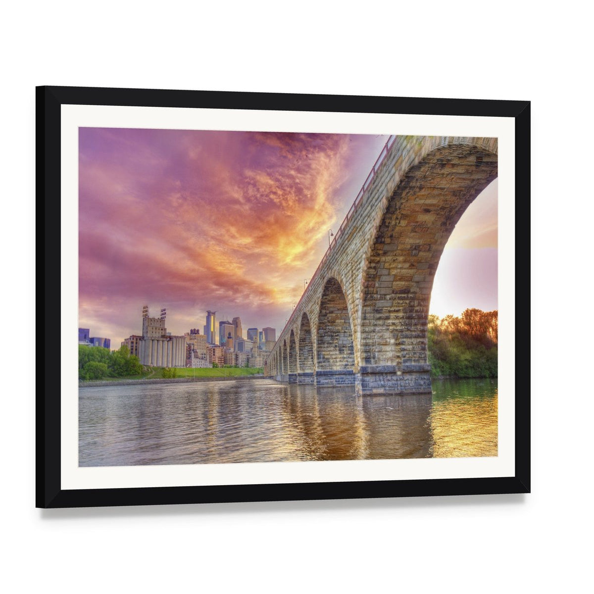 Minneapolis Arch Bridge at Sunset Canvas Wall Art, framed print with white mat and black frame, angled product view