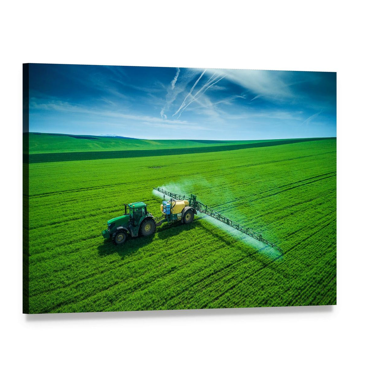 Tractor Spraying a Field Canvas Wall Art, single panel gallery wrapped canvas, angled product view
