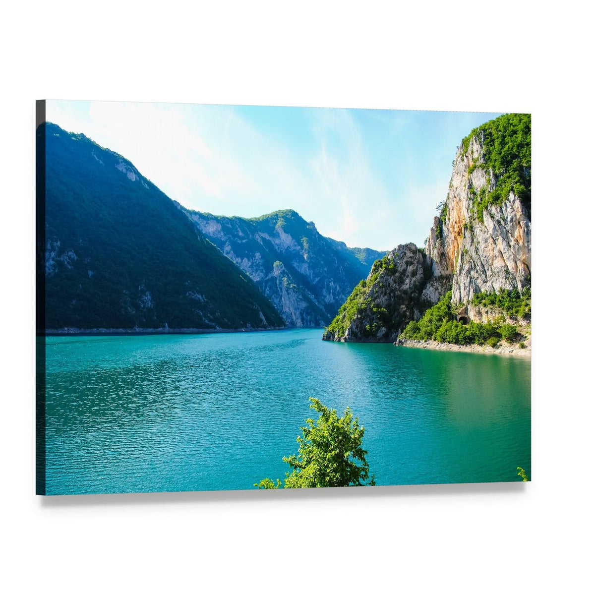 Tara River Turquoise Lake and Cliffs Canvas Wall Art, single panel gallery wrapped canvas, angled product view