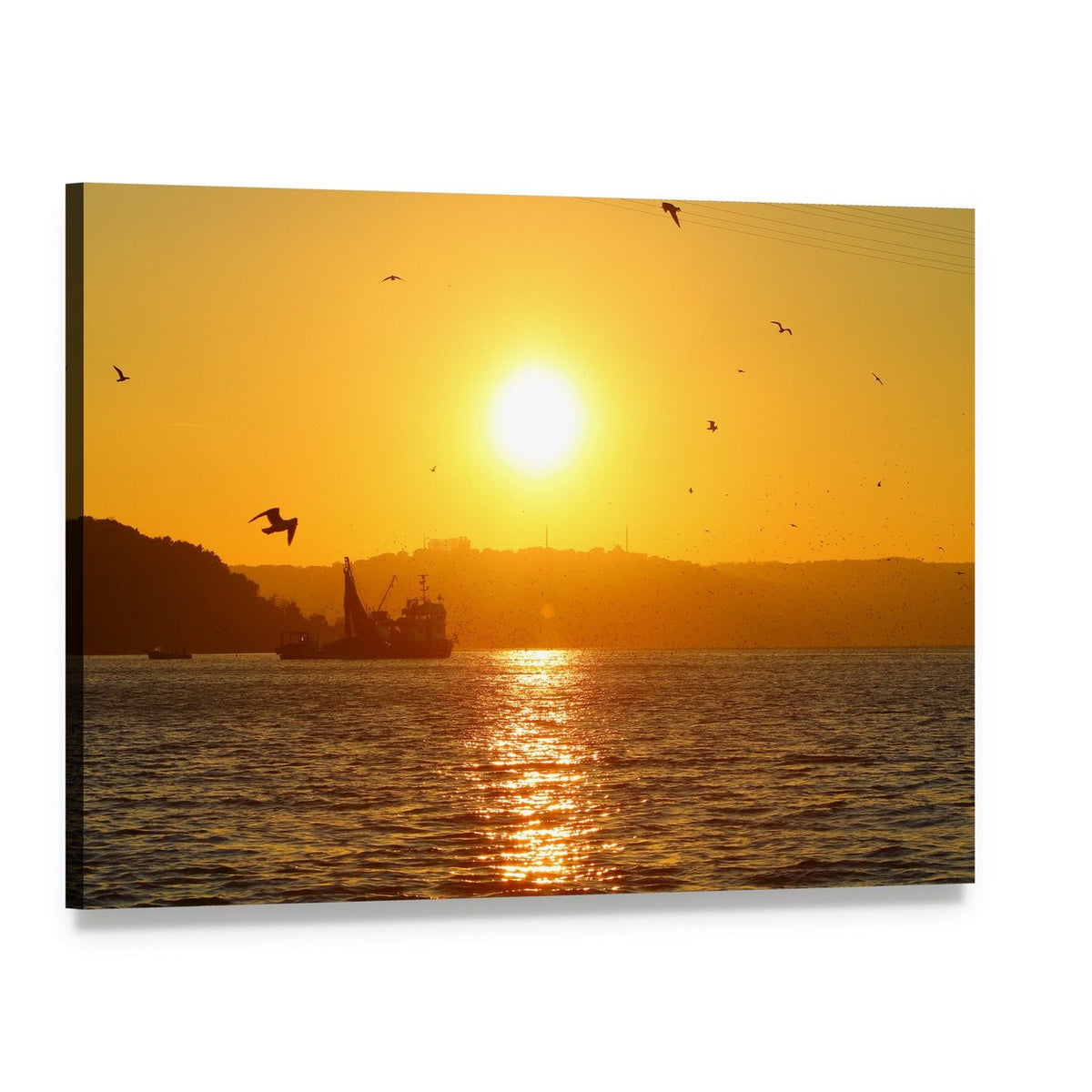 Sunset and Fishing Boat at Sea Canvas Wall Art, single panel gallery wrapped canvas, angled product view
