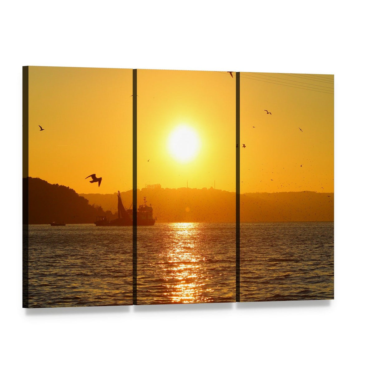 Sunset and Fishing Boat at Sea Canvas Wall Art, 3 panel 3 Horizontal layout gallery wrapped canvas set, angled product view