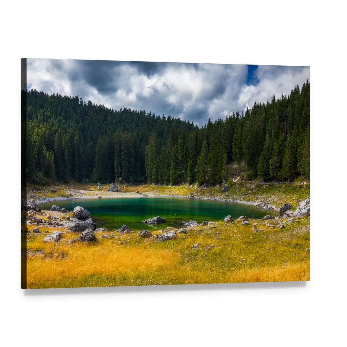 Carezza Alpine Lake Canvas Wall Art, single panel gallery wrapped canvas, angled product view