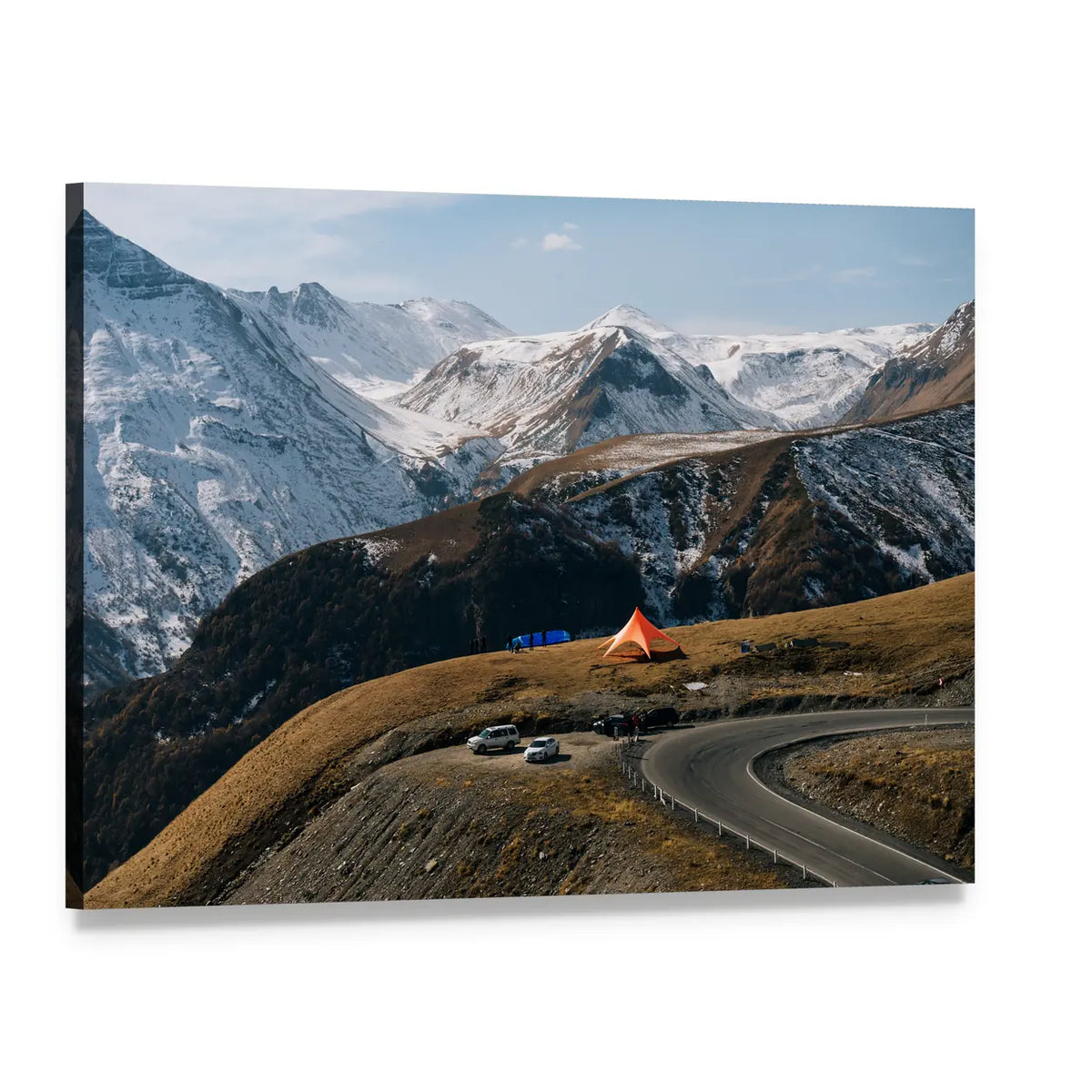 Winding Mountain Road with Snow-capped Peaks Canvas Wall Art, single panel gallery wrapped canvas, angled product view