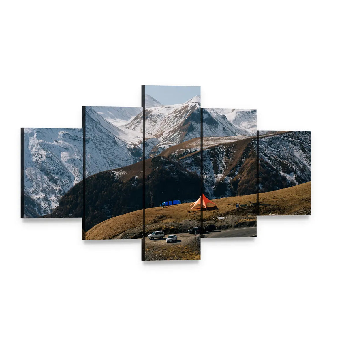 Winding Mountain Road with Snow-capped Peaks Canvas Wall Art, 5 panel 5 Star layout gallery wrapped canvas set, angled product view