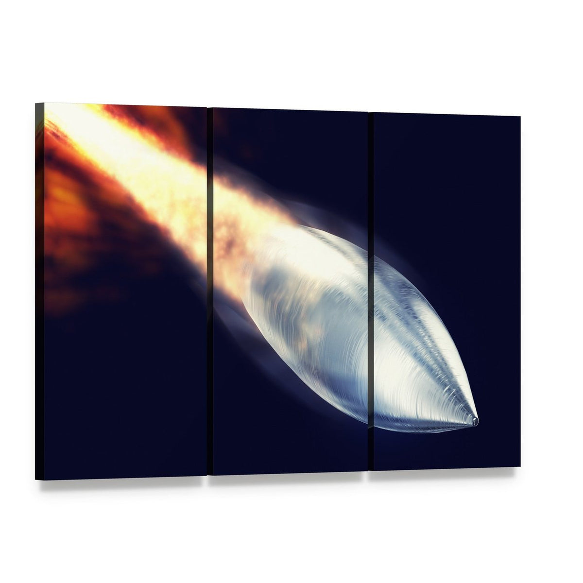 Fired Bullet Closeup Canvas Wall Art, 3 panel 3 Horizontal layout gallery wrapped canvas set, angled product view