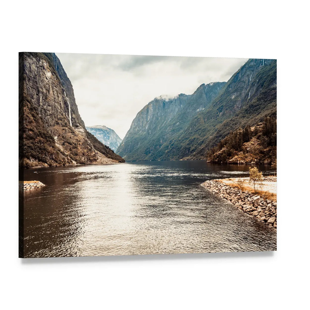 Mountains and Fjord at Sognefjord Canvas Wall Art, single panel gallery wrapped canvas, angled product view