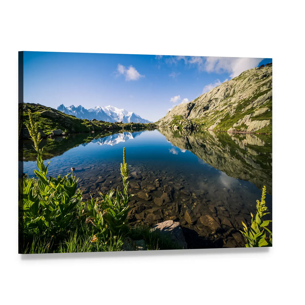 Alpine Lake with Snow-capped Peaks Canvas Wall Art, single panel gallery wrapped canvas, angled product view
