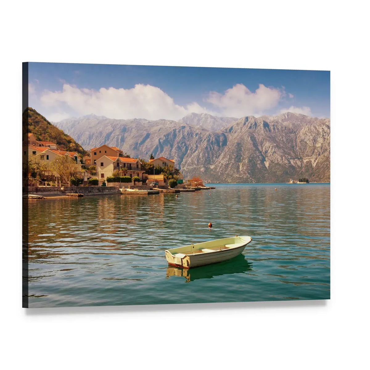 Small Rowboat and Coastal Bay with Red-tiled Village Canvas Wall Art, single panel gallery wrapped canvas, angled product view