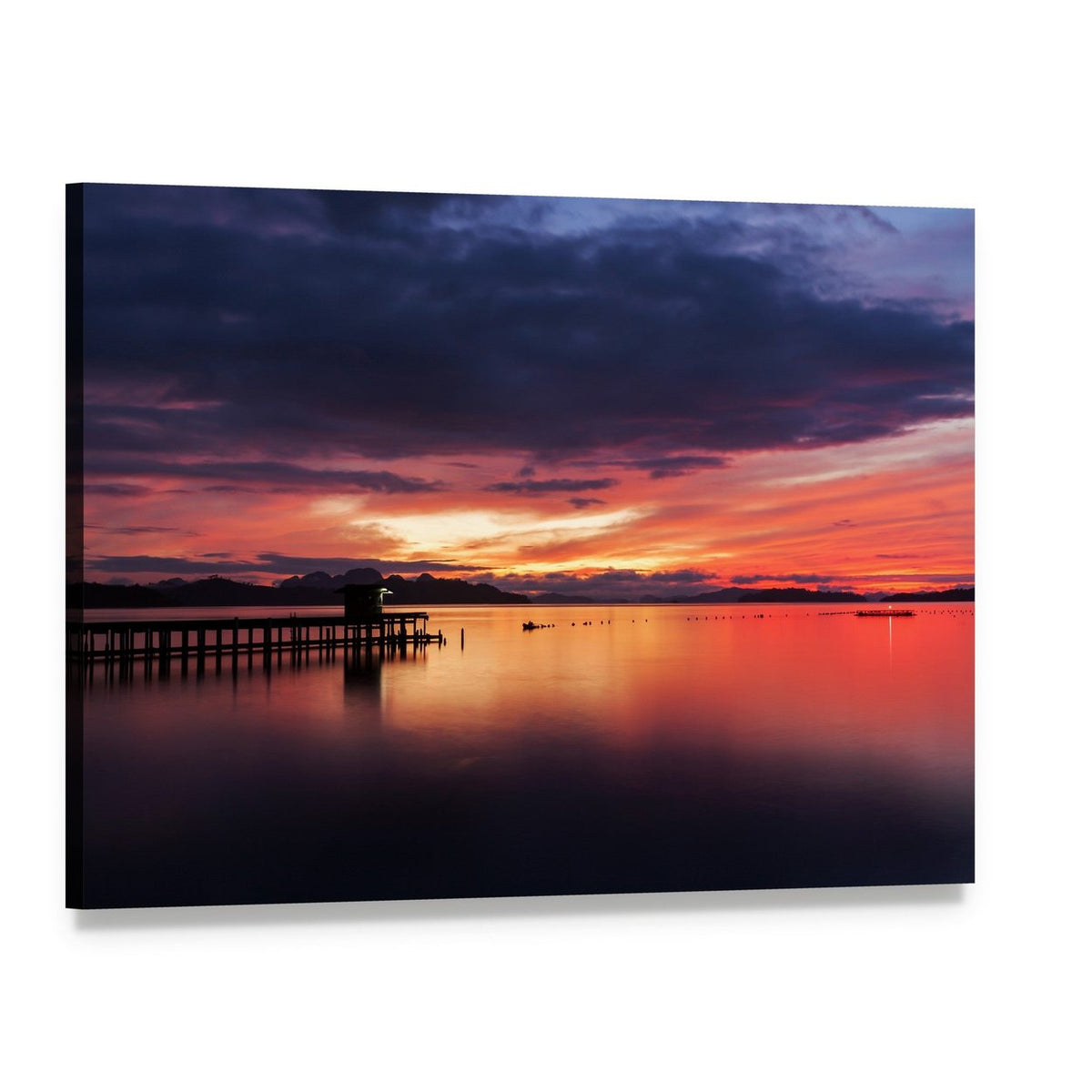 Sunset Pier Over Calm Sea Canvas Wall Art, single panel gallery wrapped canvas, angled product view
