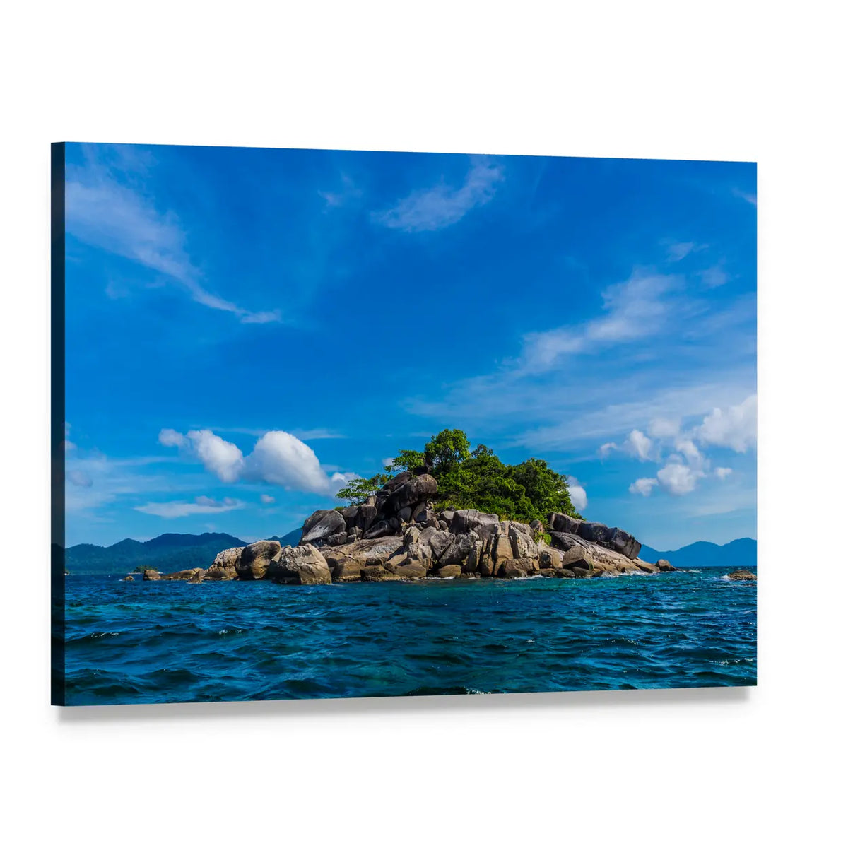 Rocky Tropical Island with Turquoise Sea Canvas Wall Art, single panel gallery wrapped canvas, angled product view