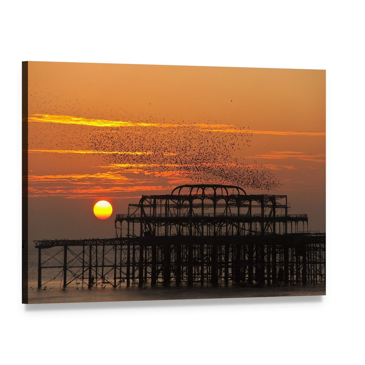 Starlings Over Pier at Sunset Canvas Wall Art, single panel gallery wrapped canvas, angled product view