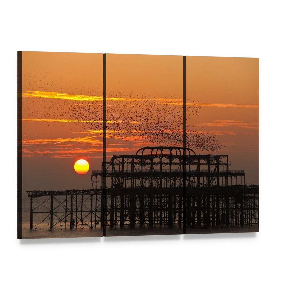 Starlings Over Pier at Sunset Canvas Wall Art, 3 panel 3 Horizontal layout gallery wrapped canvas set, angled product view