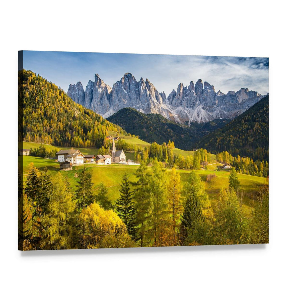 Village in the Dolomites Canvas Wall Art, single panel gallery wrapped canvas, angled product view