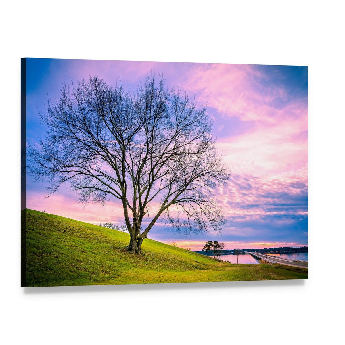 Sunset Behind Leafless Winter Tree Canvas Wall Art, single panel gallery wrapped canvas, angled product view