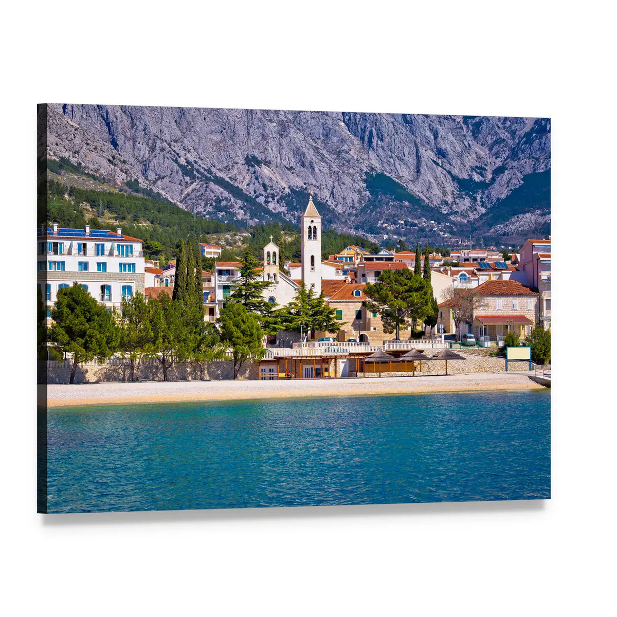 Baska Voda Coastal Townscape with Church Steeple Canvas Wall Art, single panel gallery wrapped canvas, angled product view