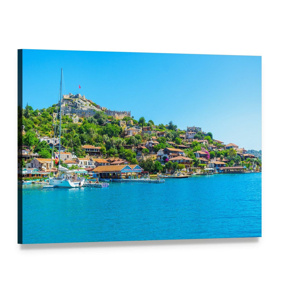 Byzantine Castle and Coastal Village Canvas Wall Art, single panel gallery wrapped canvas, angled product view