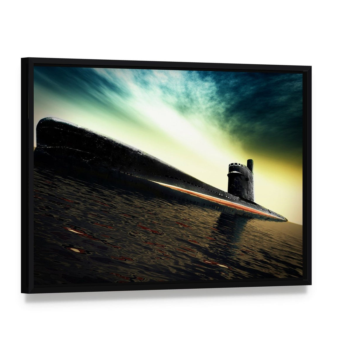 Old Submarine Canvas Wall Art, framed canvas in a black floater frame, angled product view