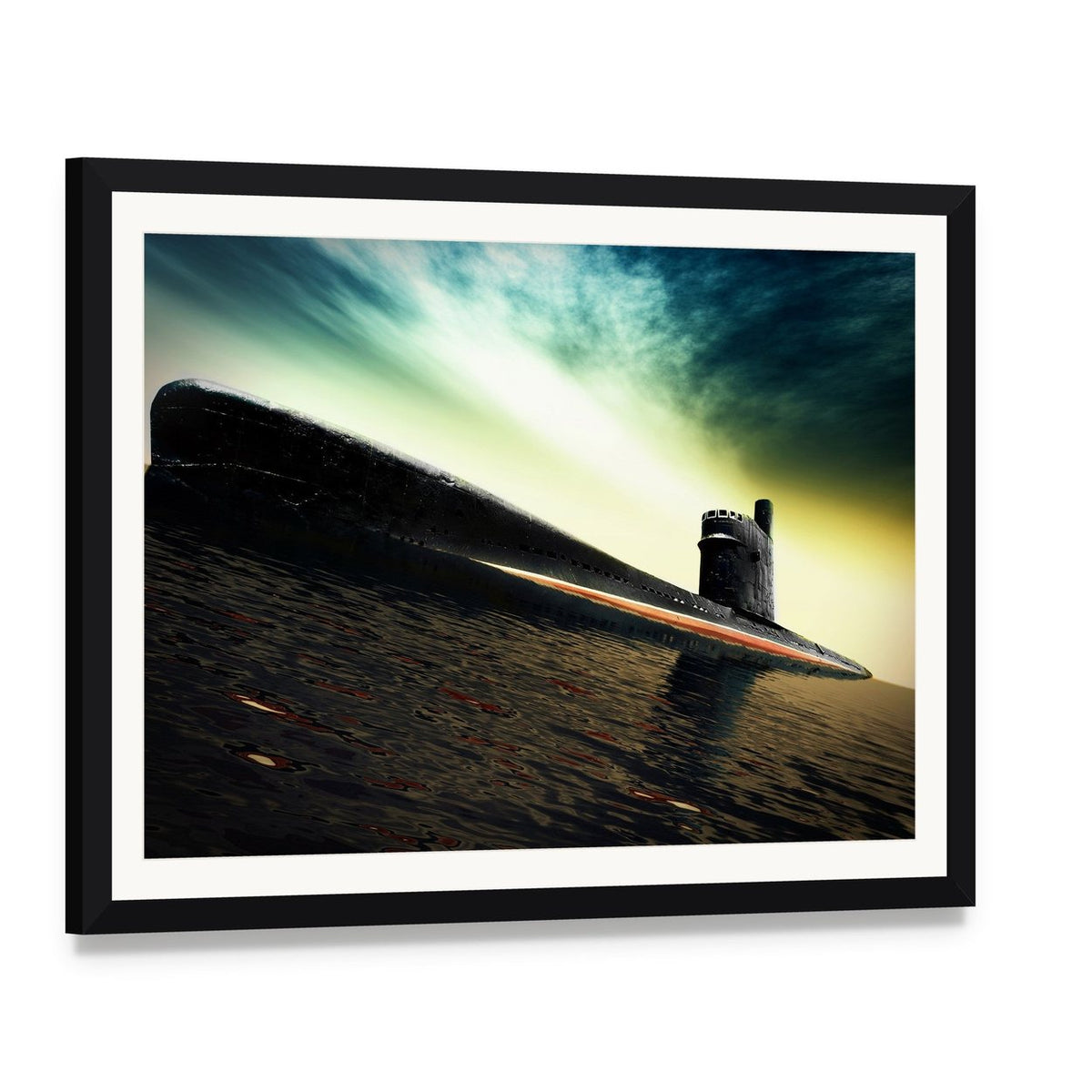 Old Submarine Canvas Wall Art, framed print with white mat and black frame, angled product view