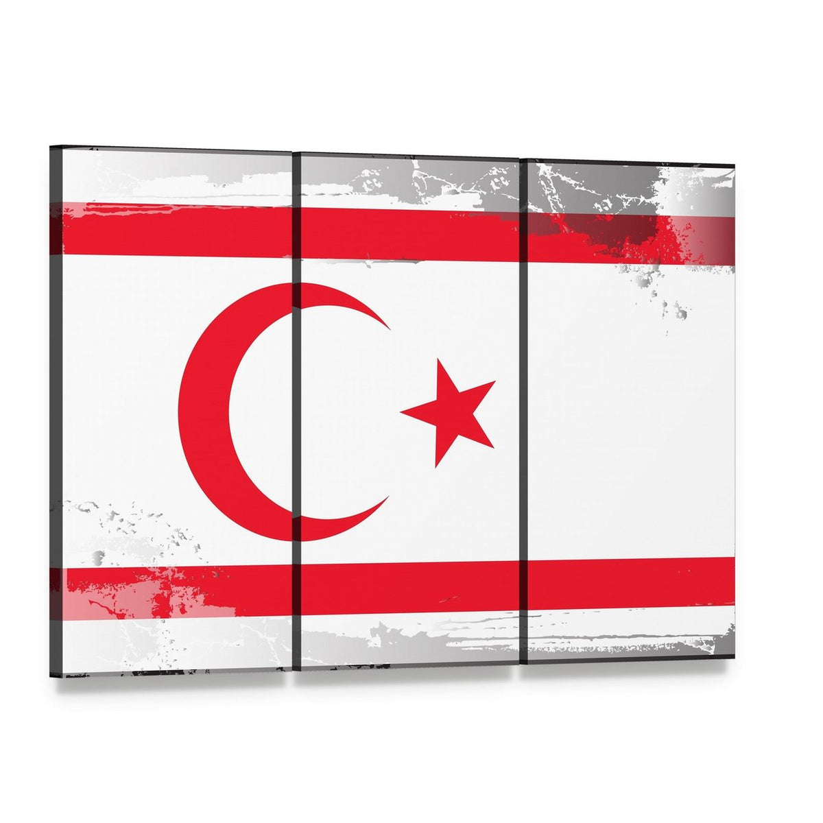 Northern Cyprus Flag Canvas Wall Art, 3 panel 3 Horizontal layout gallery wrapped canvas set, angled product view
