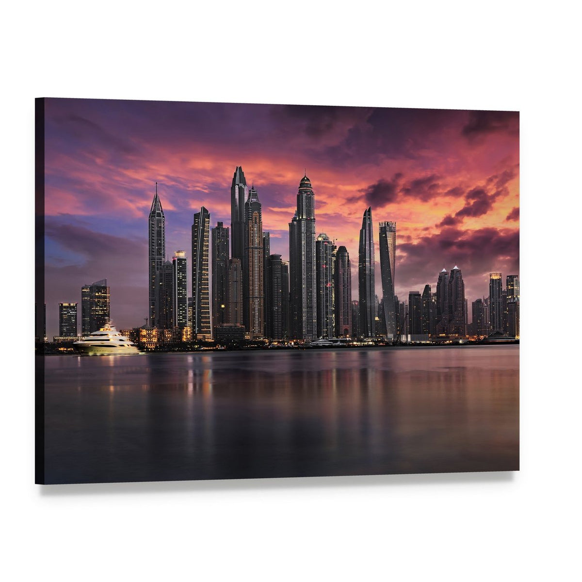 Sunset Over Dubai Marina Skyline Canvas Wall Art, single panel gallery wrapped canvas, angled product view