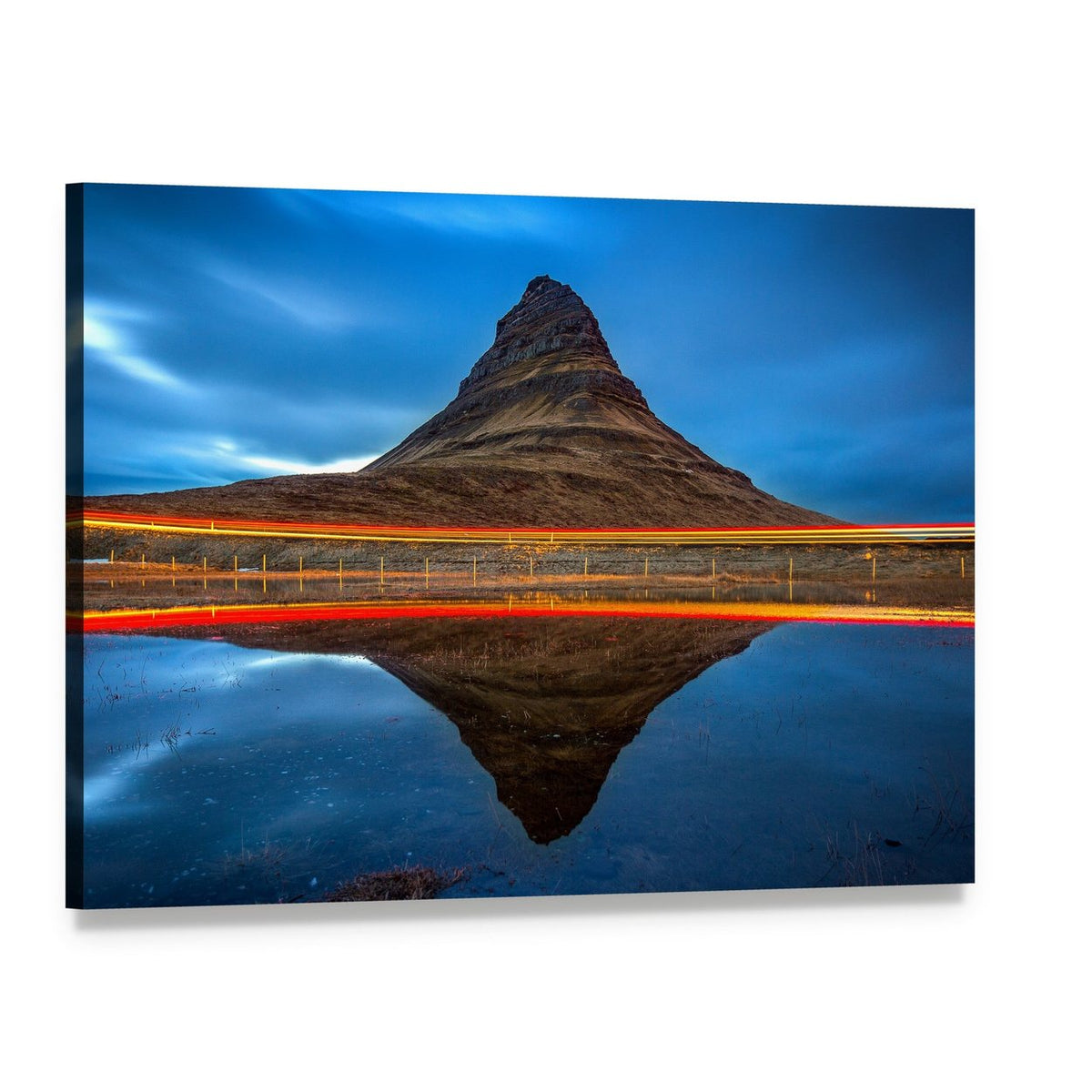 Kirkjufell Night Reflection Canvas Wall Art, single panel gallery wrapped canvas, angled product view
