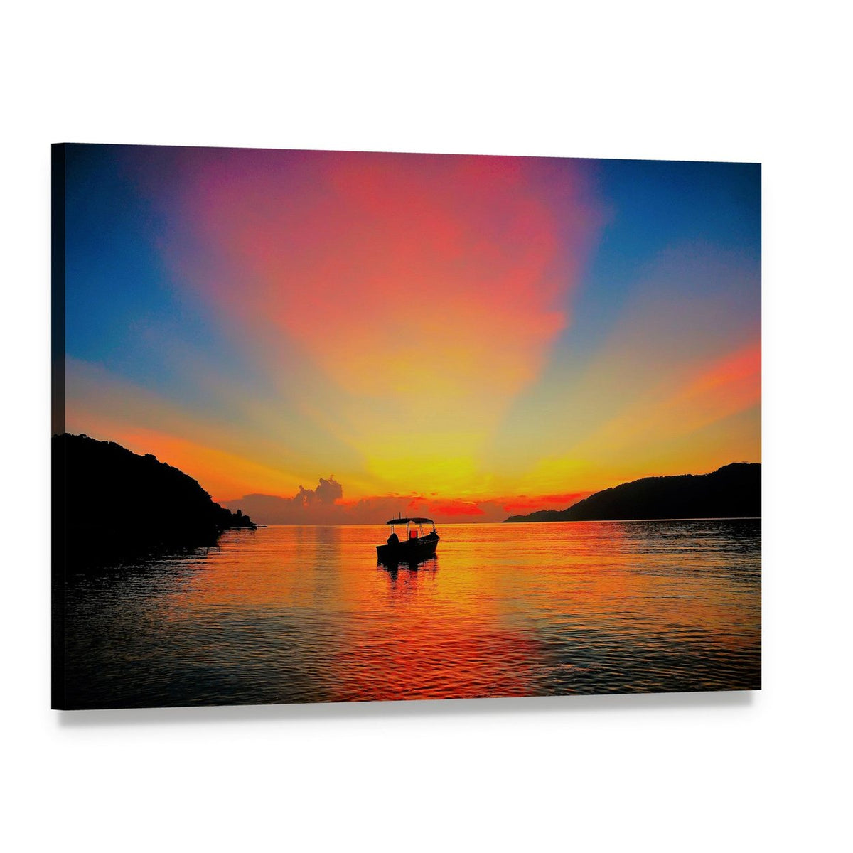 Tropical Sunrise with Boat Silhouette Canvas Wall Art, single panel gallery wrapped canvas, angled product view
