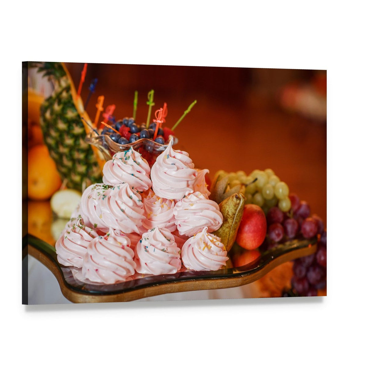Pink Meringues and Fruit Platter Canvas Wall Art, single panel gallery wrapped canvas, angled product view