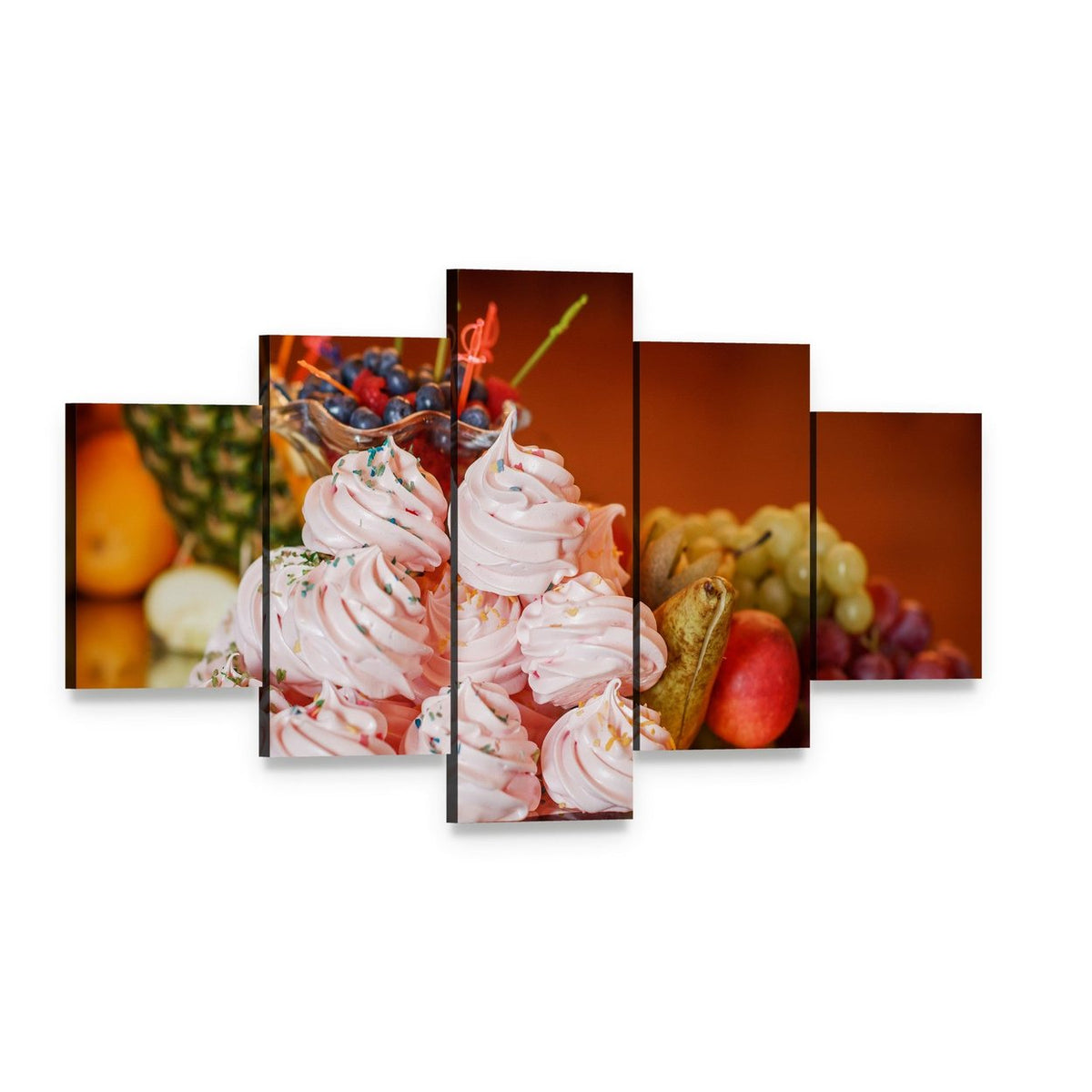Pink Meringues and Fruit Platter Canvas Wall Art, 5 panel 5 Star layout gallery wrapped canvas set, angled product view